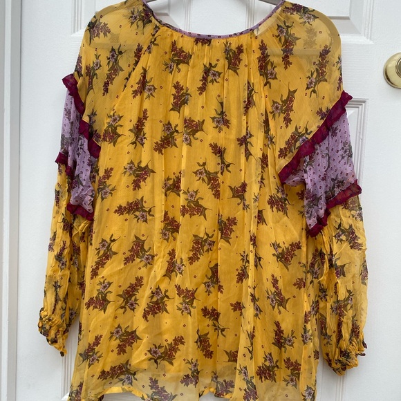 Sundance Vibrant Yellow and Purple Floral Dreams Ruffle Blouse - Size L - Picture 5 of 6